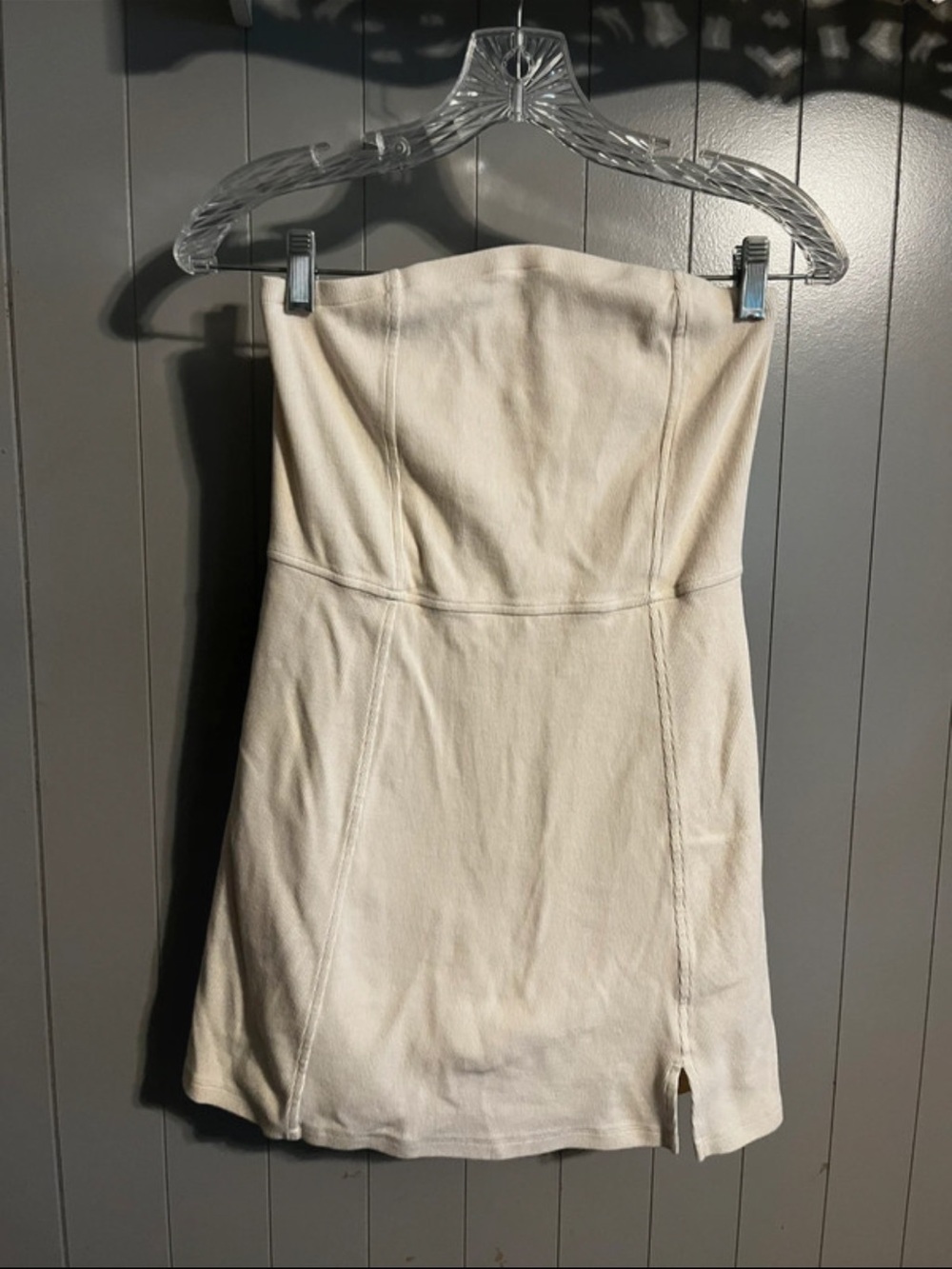 cream-colored American Eagle strapless ribbed mini dress built in shorts